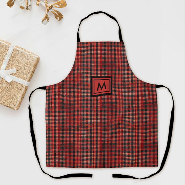 Tablier Motif Tartan Rouge Et Noir Élégant Et Monogramme (Créateur téléchargé)