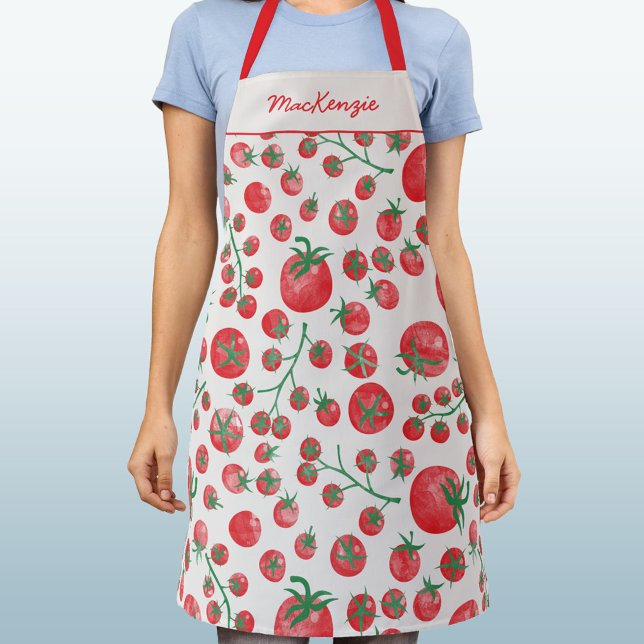 Tablier Motif Tomate avec Nom Personnalisé (Fun Mediterranean summer watercolor tomato pattern apron)