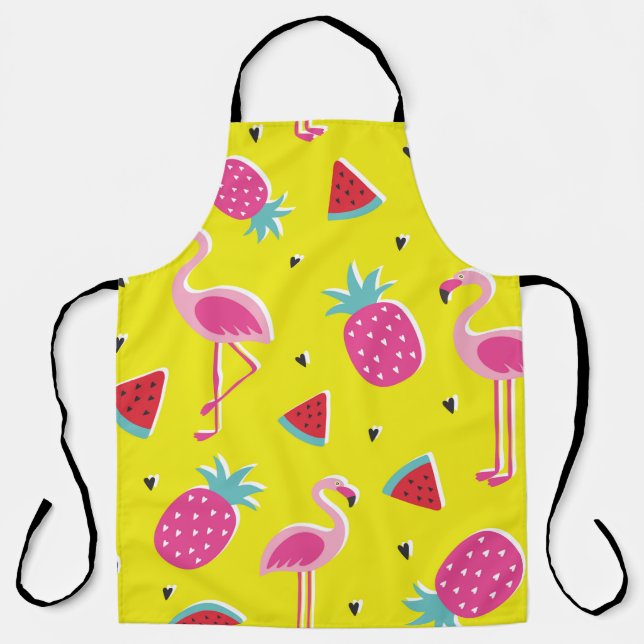 Tablier  motif tropical à ananas rose, flamants roses, w (Recto)