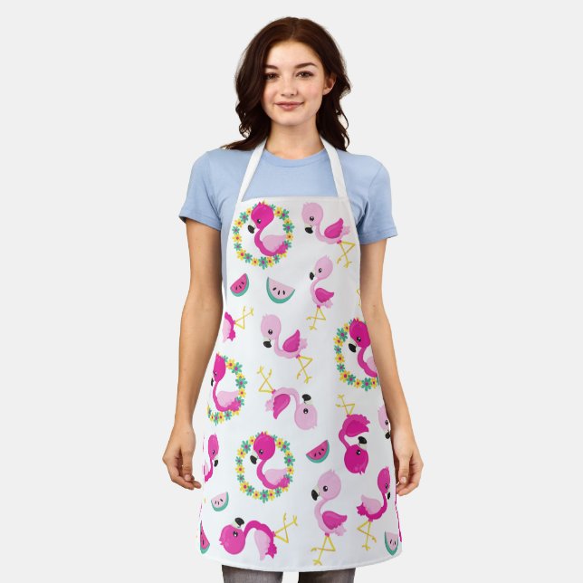 Tablier Motif tropical, Flamants roses, pastèques, Fleurs (Porté)