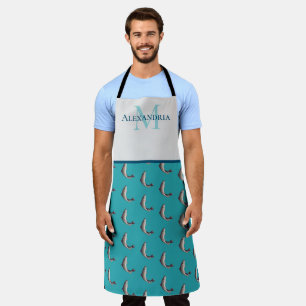 Tablier Motif Truite Nom Monogramme Blanc Sarcelle