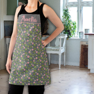 Tablier Motif vert rose fleur aquarelle