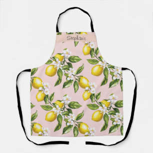 Tablier Motif vintage citron et fleurs sur rose (2)