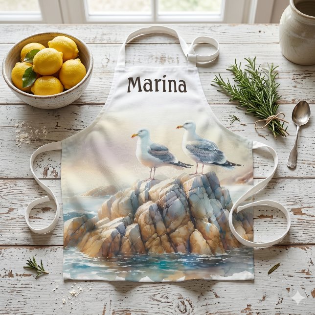 Tablier Mouettes côtières aquarelle paysage marin (Coastal Seagulls Watercolor Seascape Apron)