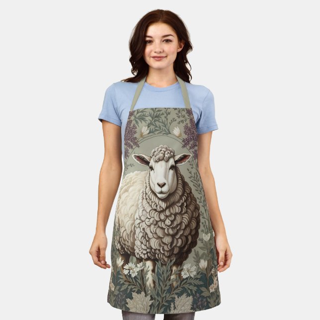 Tablier Moutons Élégants Fond De Fleur De Lavande (Porté)