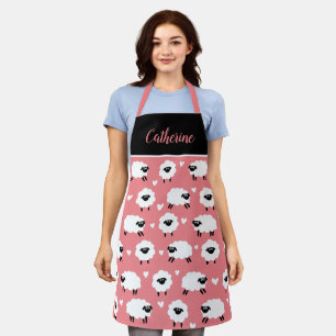 Tablier Moutons et Coeurs avec nom - Rose 