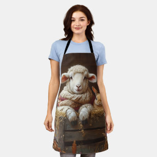 Tablier Moutons et lapin douillets en Grange avec Fleurs
