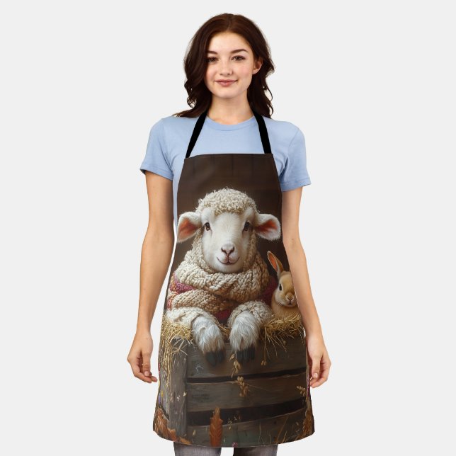 Tablier Moutons et lapin douillets en Grange avec Fleurs (Porté)