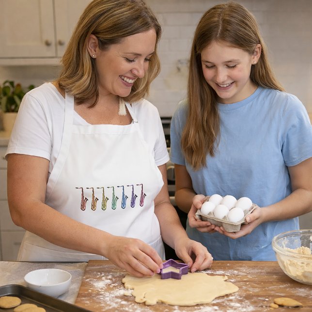 Tablier Musique de Saxophones Arc-en-Ciel pour les Musicie (An apron with a pretty lineup of rainbow saxophones.)