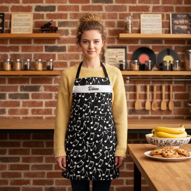 Tablier Musique noire et blanche personnalisée (Personalized musical notes kitchen apron with custom name. Awesome gift for a music lover and baker.)