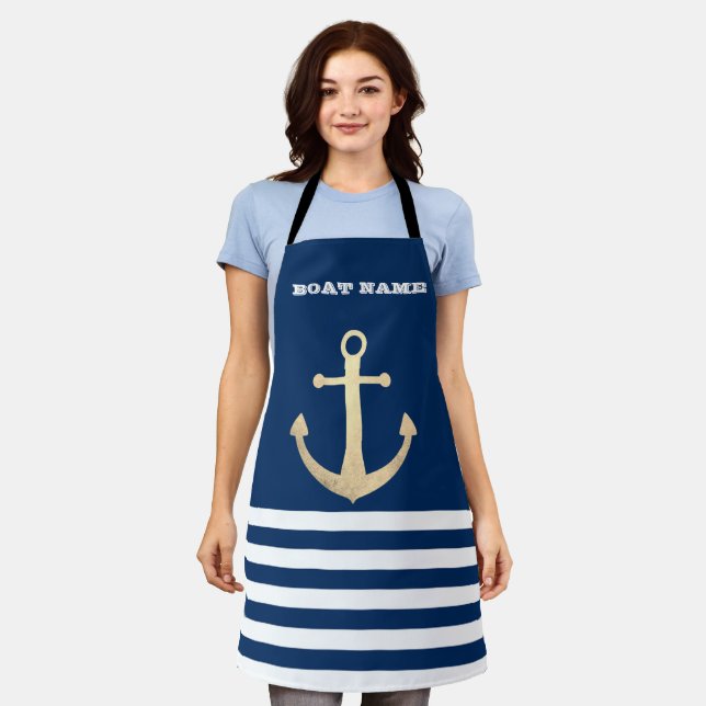 Tablier Nautical, Gold Anchor Navy Blue Striped (Porté)