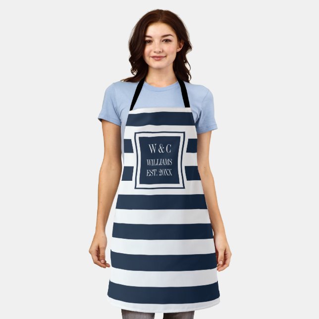 Tablier Navy Blue White Stripe tendance Monogramme Nom de  (Porté)