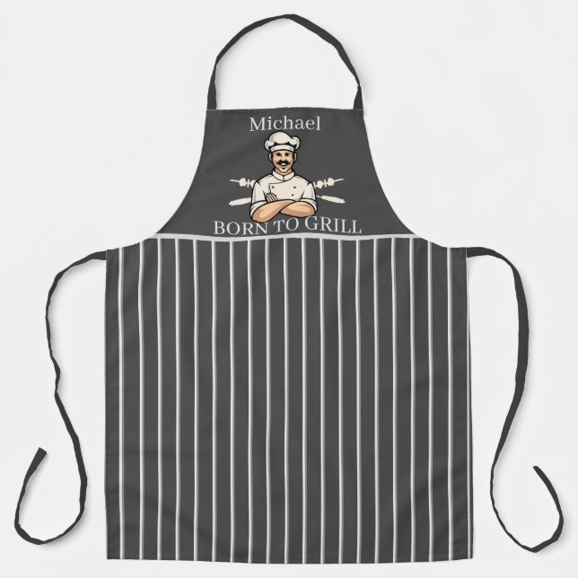 Tablier Né pour griller Papa rayé gris et blanc (Recto)