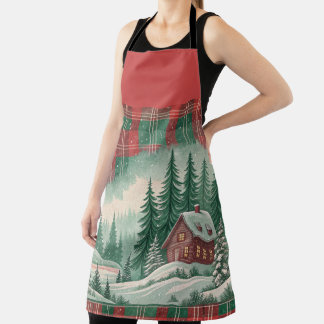 TABLIER NOËL À CARREAUX ROUGES ET VERTS AVEC MAISONNETTE