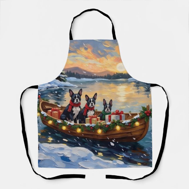 Tablier Noël Boston Terrier Bateau Fêtes (Recto)
