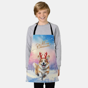 Tablier Noël Corgi Reindeer bois saute dans la neige