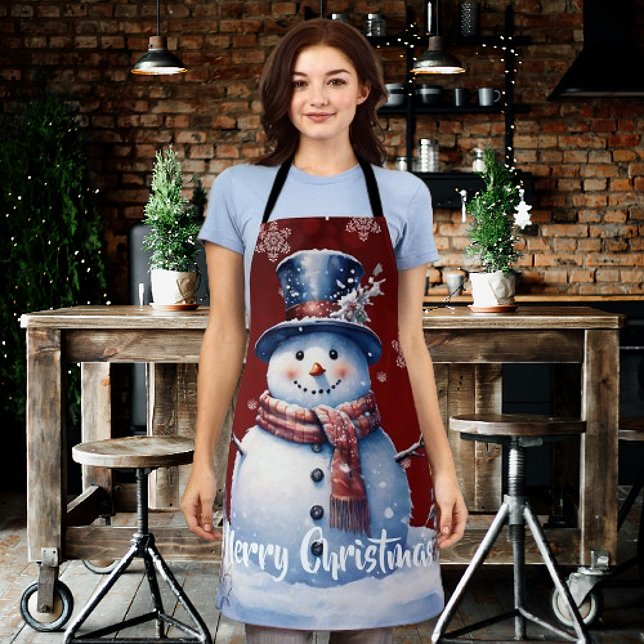 Tablier Noël de la forêt d'hiver | Red (Red Winter Forest Snowman Christmas Apron)