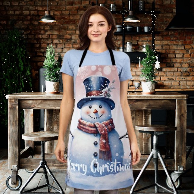 Tablier Noël de la forêt d'hiver | Rose (Pink Winter Forest Snowman Christmas Apron)