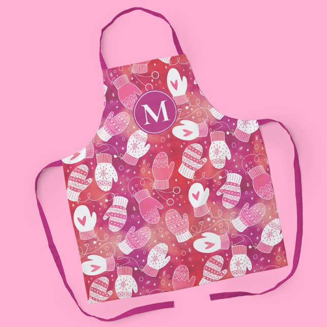 Tablier Noël d'hiver Mittens Motif en rose (Pink Winter Mittens Pattern with Monogram Apron)