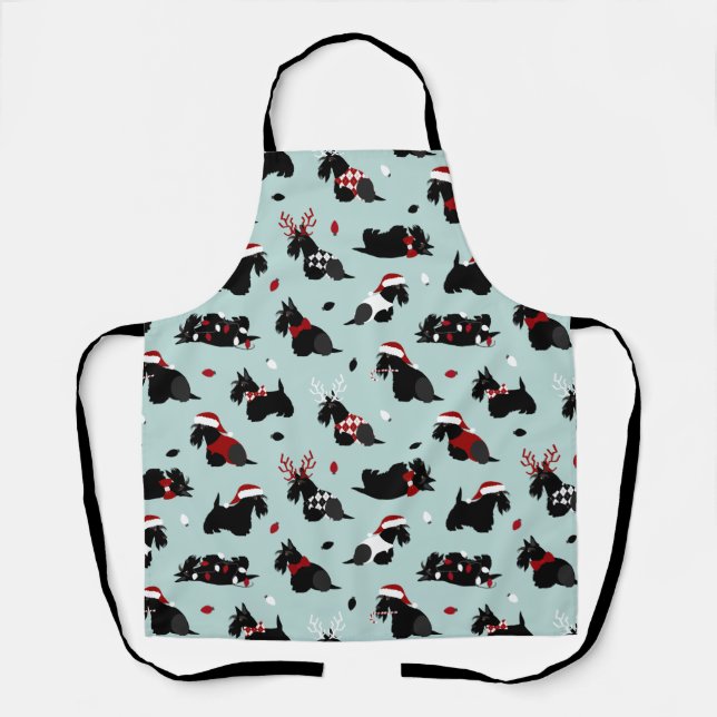 Tablier Noël écossais Terrier bleu (Recto)