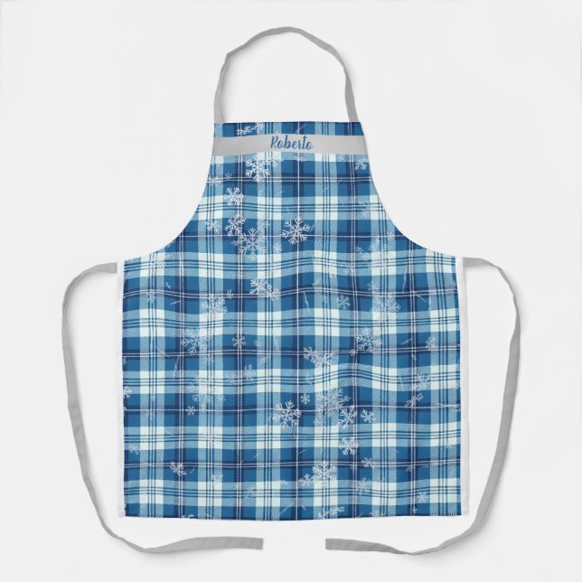 Tablier  Noël Élégant Carreaux Bleus  (Recto)