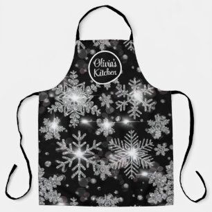 Tablier Noël élégant flocons de neige noir blanc argent