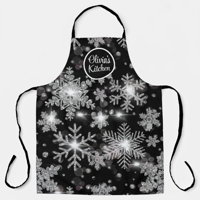 Tablier Noël élégant flocons de neige noir blanc argent (Recto)