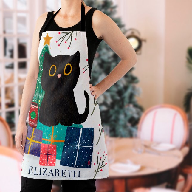 Tablier Noël Fantaisiste Art Café Chat Noir de Noël (Créateur téléchargé)