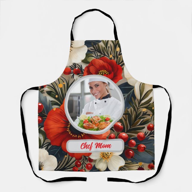 Tablier Noël Floral Personnalisé Chef Maman Photo (Recto)