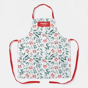 Tablier Noël Hiver Floral Aquarelle Bleu Vert