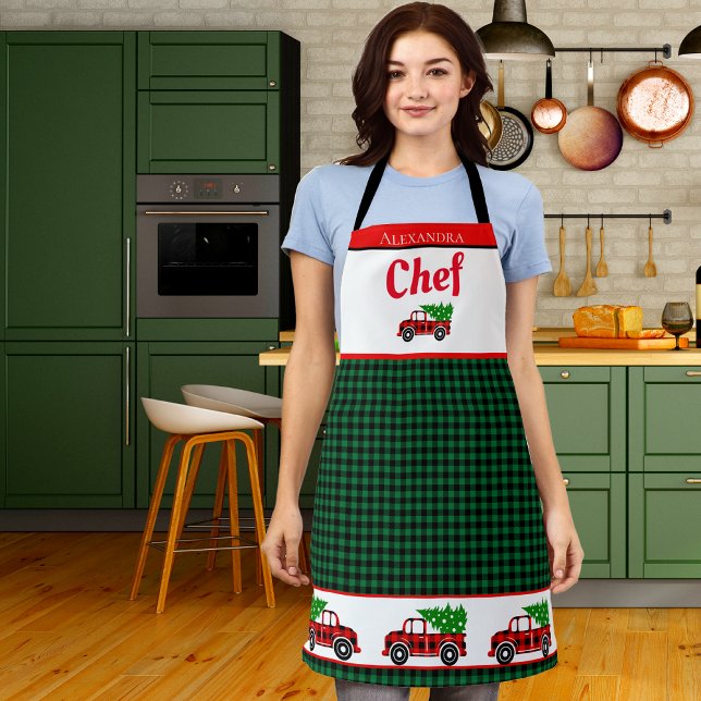 Tablier Noël Rouge Camion Chef Green Buffalo Plaid (Créateur téléchargé)