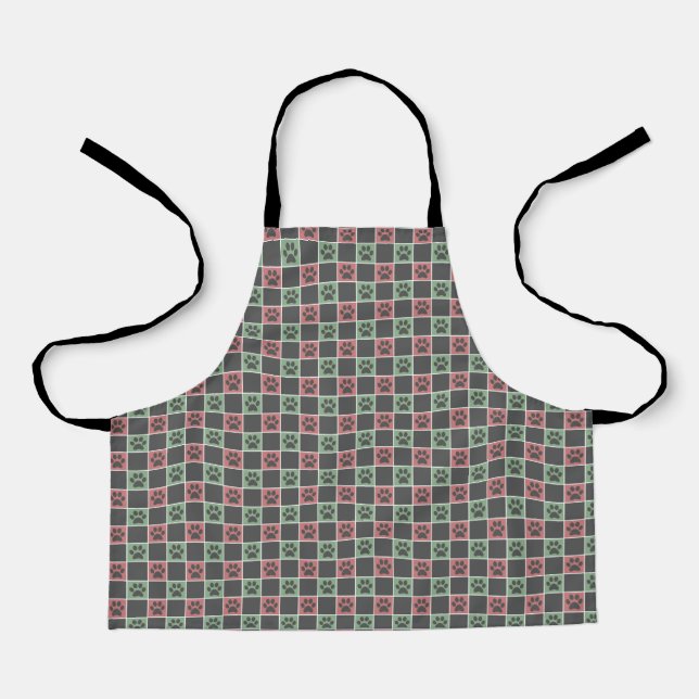Tablier Noël rouge et vert motif Empreinte de patte à thèm (Recto)
