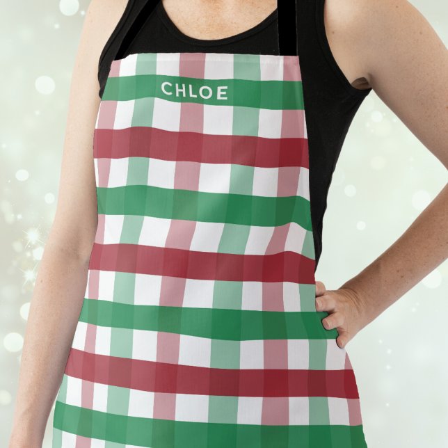 Tablier Noël Rouge Vert Plaid Nom personnalisé mignon (Créateur téléchargé)