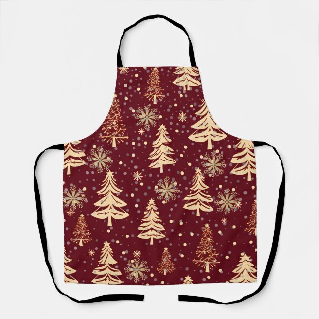 Tablier Noël rustique arbres verts rouge et or (Recto)
