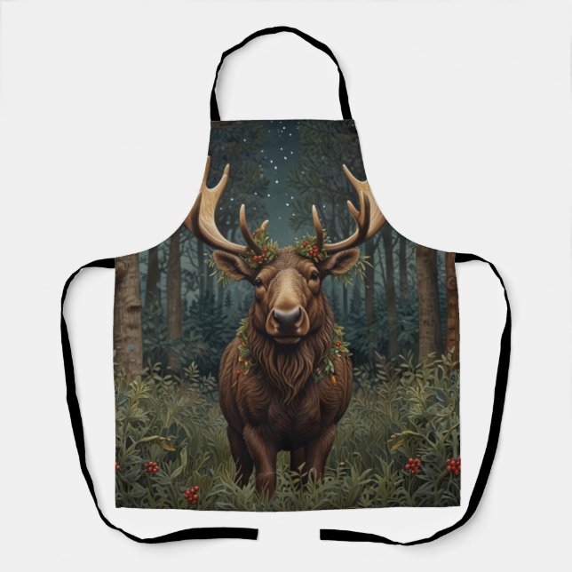 Tablier Noël rustique élan cerf boho forêt boisée  (Recto)