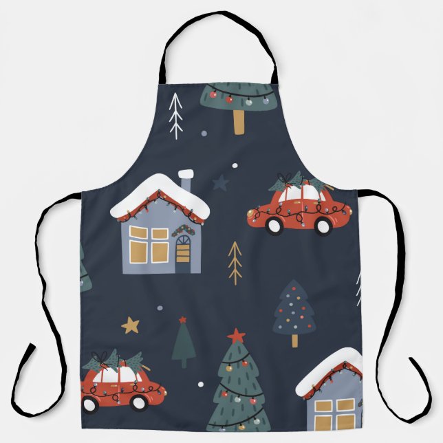 Tablier Noël sans couture motif avec arbre de Noël, voitur (Recto)