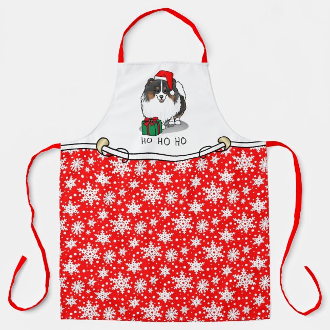 Tablier Noël Santa Hat Pomeranian (tri-couleur) mignonne (Recto)