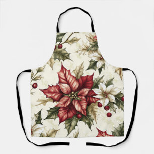 Tablier Noël vintage crème poinsettia houx