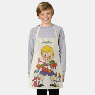 Tablier Noël Vintage, Garçon avec Cadeaux et Chiot