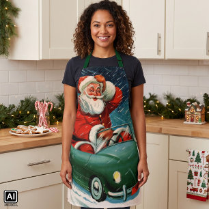 Tablier Noël vintage, le Père Noël dans une voiture mignon