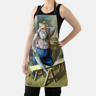 Tablier Noël vintage, Père Noël construisant des jouets à 