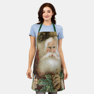 Tablier Noël vintage, Père Noël victorien avec du pin