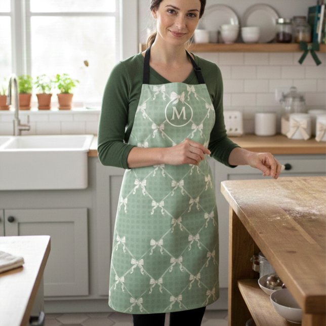 Tablier Nœuds Coquette Gingham Monogramme Crème Vert Sauge (Créateur téléchargé)
