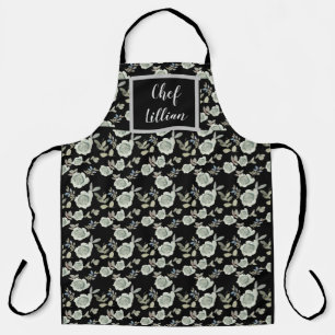 Tablier noir avec imprimé floral gris personnalis