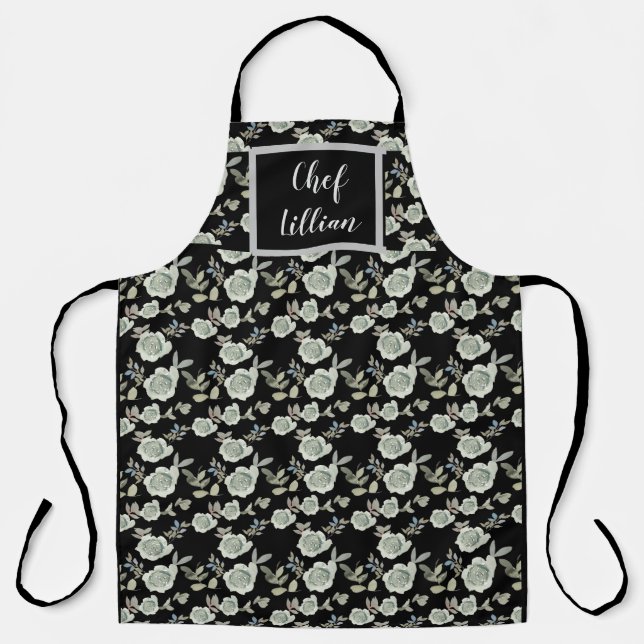 Tablier noir avec imprimé floral gris personnalisé (Recto)