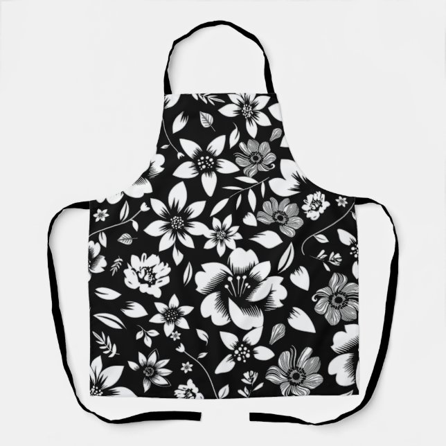 Tablier Noir Blanc Feuilles Florales Modernes qui Volent (Recto)