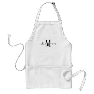 Tablier Noir blanc moderne Script Gris Monogramme Nom