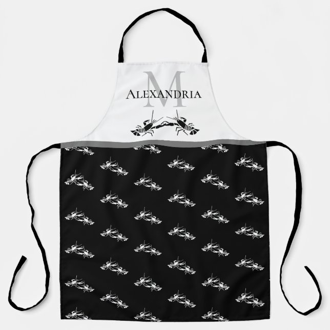Tablier Noir Blanc Nom Monogramme Homard Motif Apron (Recto)