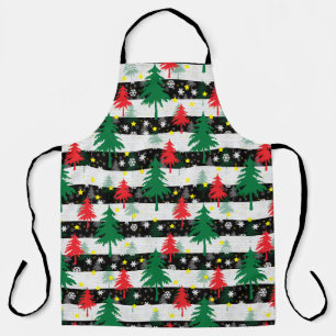 Tablier Noir Blanc Stripes Neiges Rouge Vert Arbres