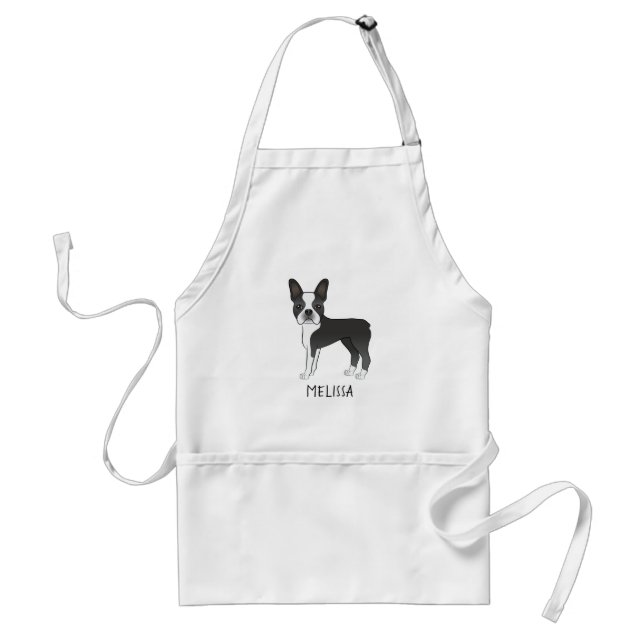 Tablier Noir Et Blanc Boston Terrier Dessin Chien Et Nom (Devant)